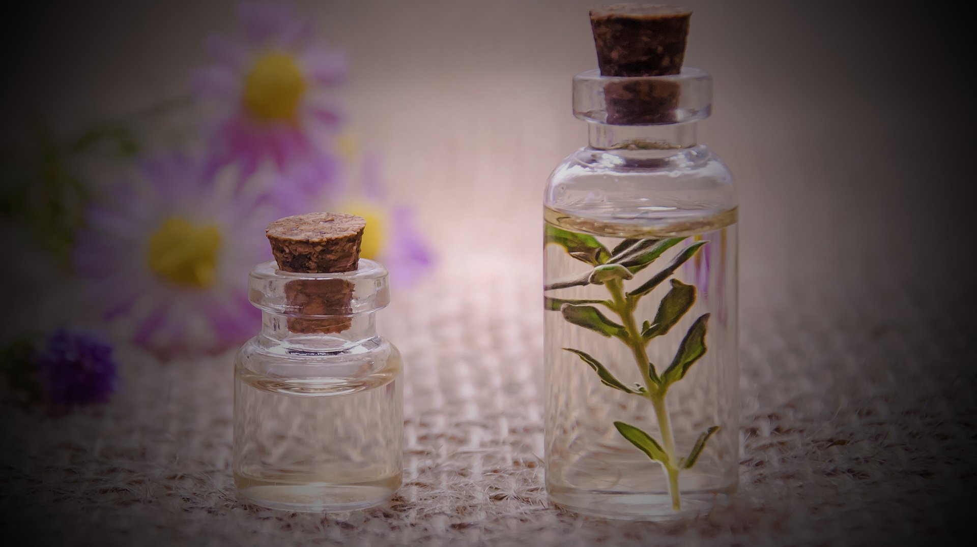 Zwei Flaschen mit ätherischem Öl